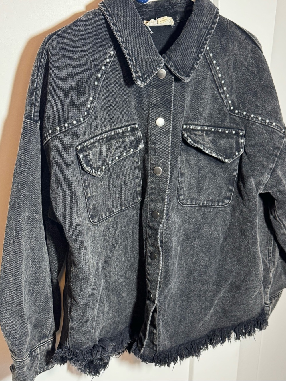 Loveriche Black Denim Studded Snap Fringe Shacket L